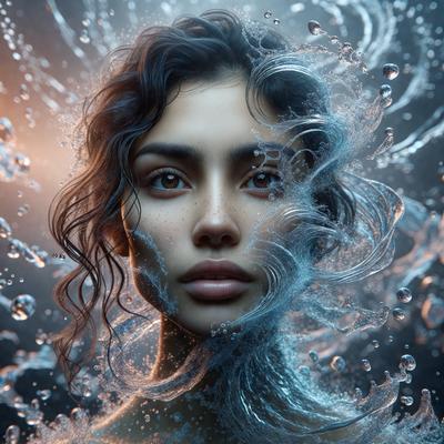 The primary subject of the image is a woman with long hair, who is the main focus of the scene. She is surrounded by a blue and white water-like background, which adds to the overall atmosphere of the image. The visual style of the image is digital art, as it appears to be a digital illustration or drawing. The colors and mood of the image are predominantly blue and white, creating a serene and calming atmosphere.